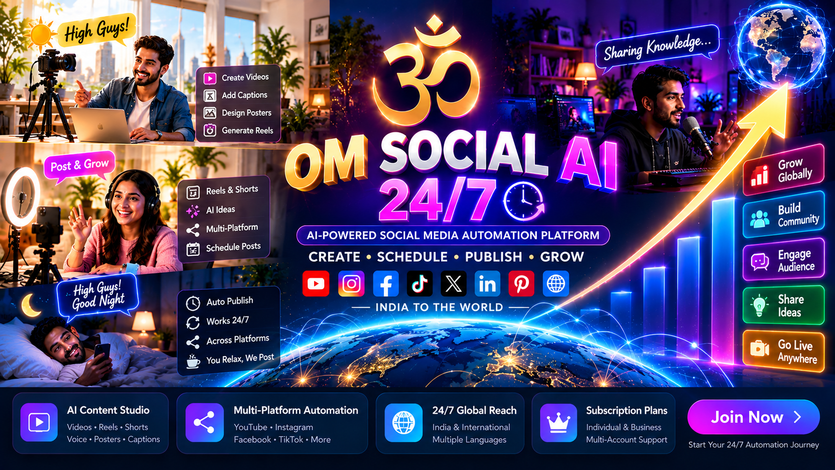 OM SOCIAL AI 24/7 — creators working by day and night with global upward growth